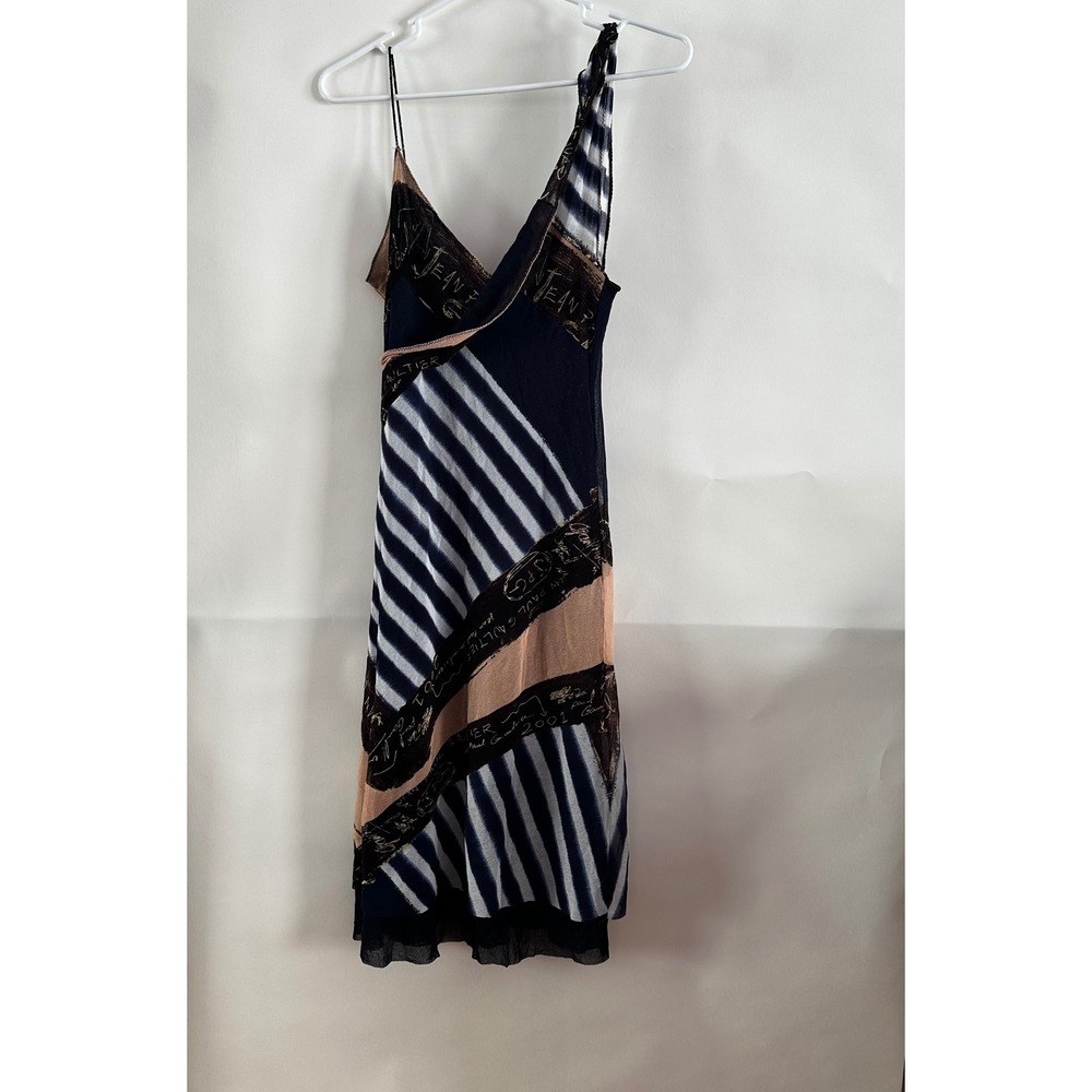 Jean Paul Gaultier Maille 2001 Mesh Asymmetrical Stripe Midi Dress Navy Tan M